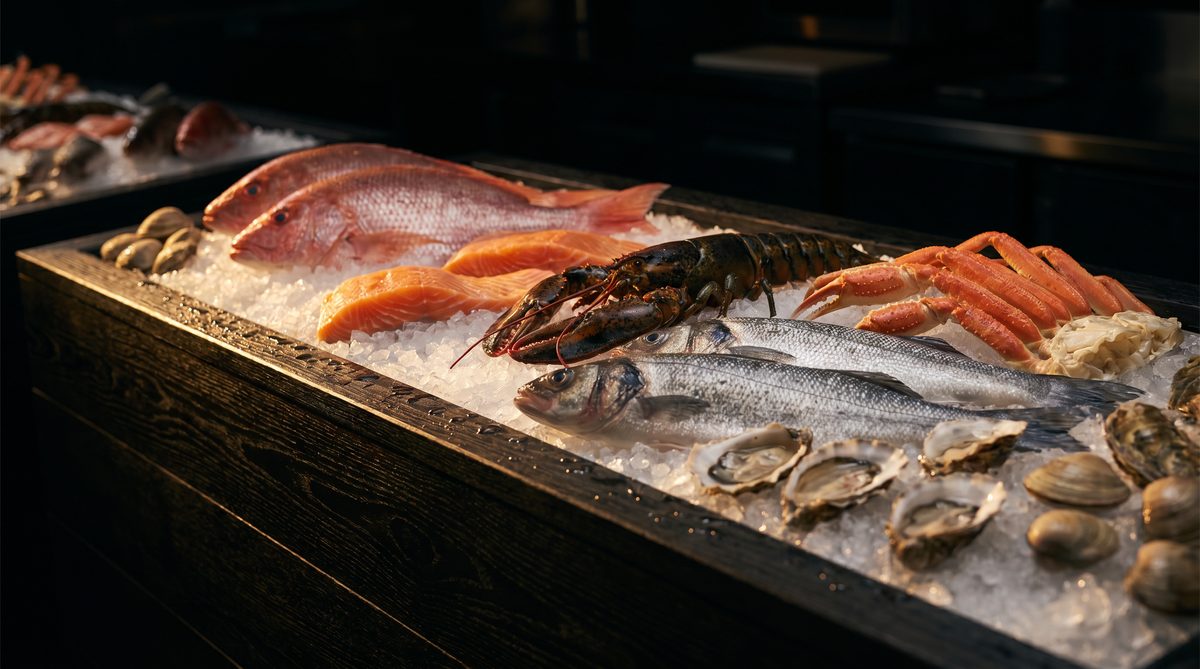 Fresh seafood on ice at the Seafood Kings counter