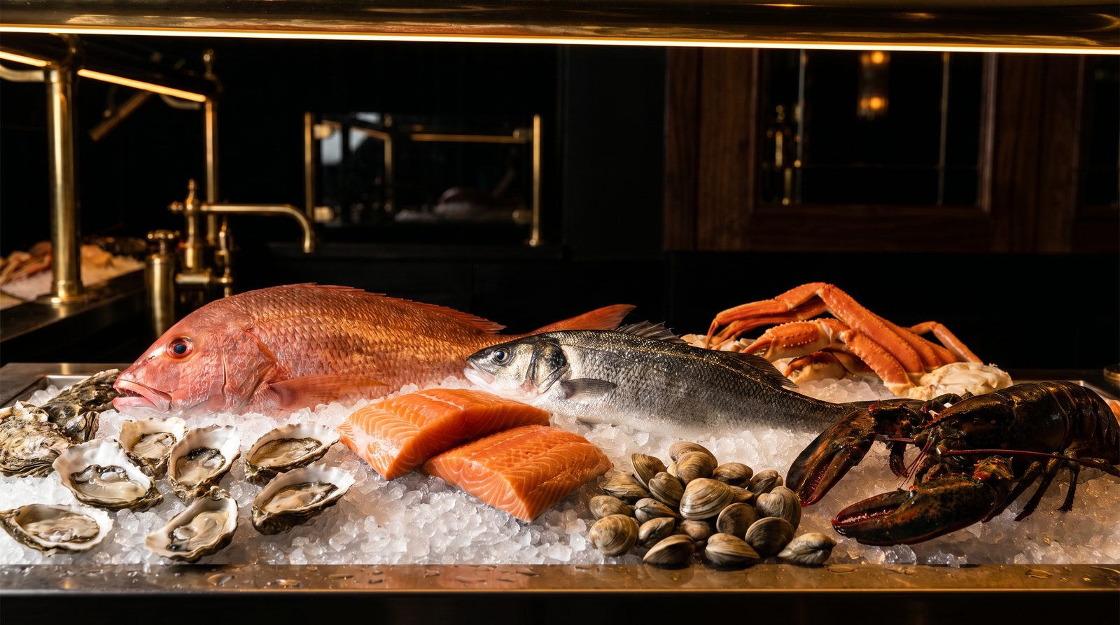 Fresh seafood display on ice at the Seafood Kings counter
