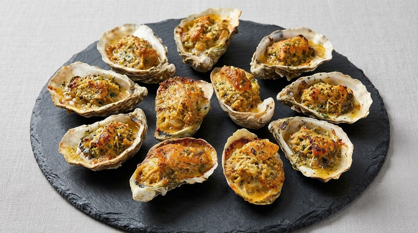 Chargrilled oysters with crab, salmon, and parmesan